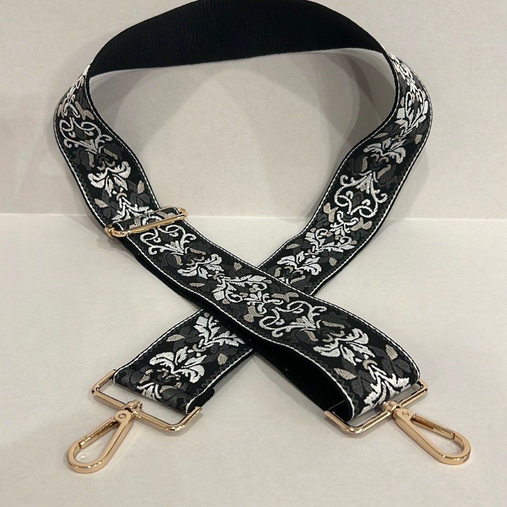 Elegant Black and White Embroidered Bag Strap